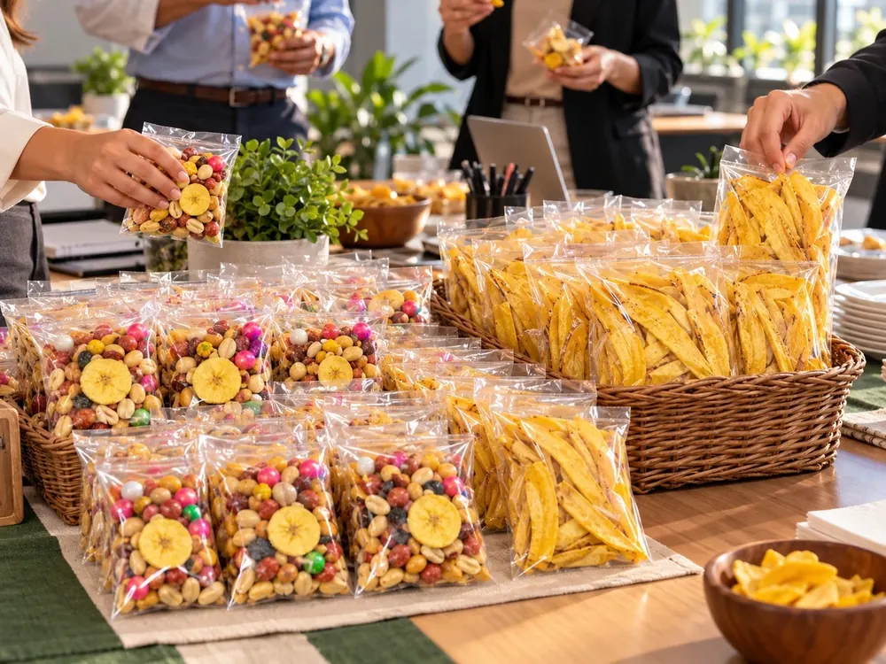 Mesa de un evento corporativo con bolsas de semilla mixta y chips de plátano