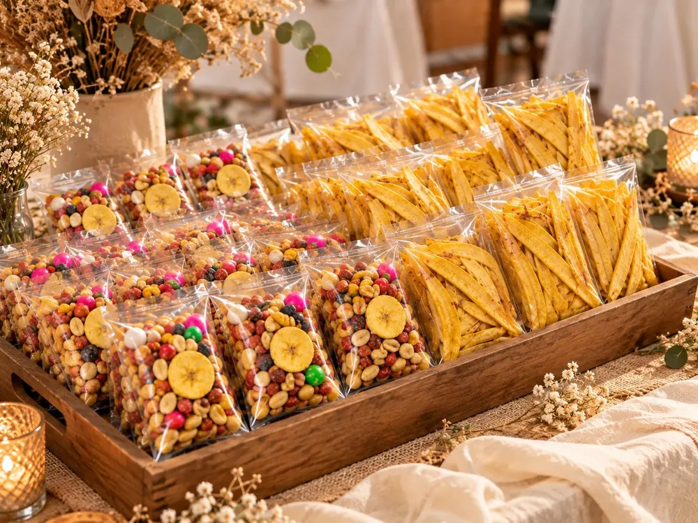 Mesa de fiesta con bolsas de semilla mixta y chips de plátano en una bandeja de madera